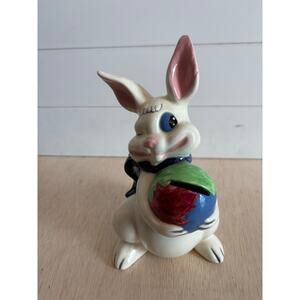 Vintage Winking Easter Bunny With Egg Hand Painted Ceramic 1960s Atlantic Mold